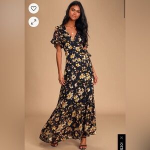 LuLu’s Lean On Me Black Mutli Print Wrap Maxi Dress